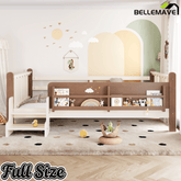 Bellemave® Full Size Floor Bed with Storage Bookcases, Solid Wood Kids Floor Bed with Cute Stairs and Guardrails, No Box Spring Needed, Espresso - Bellemave
