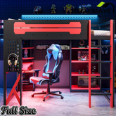 Bellemave® Full Size Gaming Loft Bed with Desk & Multi - Storage Shelves, Wooden Loft Bed Frame with Safety Guardrail, Built - in Light Strip for Teens - Bellemave