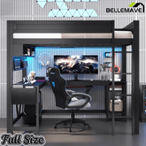 Bellemave® Full Size Gaming Loft Bed with Desk, Storage Shelves, Multifunctional Wood Loft Bed Frame with Light Strip and Charging Station - Bellemave