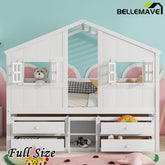 Bellemave® Full Size House Bed with Roof, Windows,4 Storage Drawers,Safety Guardrails,Ladder - Bellemave