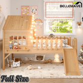 Bellemave® Full Size Kids Low Loft Bed with Slide,House Loft Bed with LED Lights and Ladder,Solid Wood Girls Loft Bed Frame with Safety Guardrails for Girls Boys,Natural - Bellemave