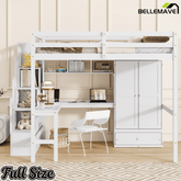 Bellemave® Full Size Loft Bed with Built - in Desk, Bookshelf & Wardrobe - Space - Saving Storage Staircase, Safety Guardrails and Solid Slats, Walnut Finish - Bellemave