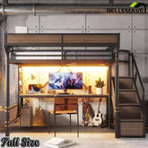 Bellemave® Full Size Loft Bed with Desk, LED Lights & Storage Stairs – Industrial Metal Frame with Built-in Wardrobe - Bellemave