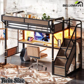 Bellemave® Full Size Loft Bed with Desk, LED Lights & Storage Stairs – Industrial Metal Frame with Built-in Wardrobe - Bellemave