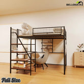 Bellemave® Full Size Loft Bed with Desk, Metal Loft Beds with LED Lights & Charging Station, Heavy Duty Metal Loft Bed Frame with Shelves, Safety Guard & Storage Stairs, No Box Spring Needed (Black) - Bellemave