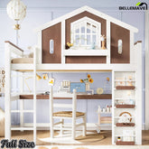 Full Size house-shaped loft bed with built-in desk and staircase in a staged bedroom