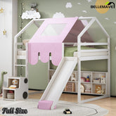 Bellemave® Full Size Loft Bed with Play House Shape, Loft Bed Frame with a Tent, Slide and a Ladder,Wooden Loft Bed House - Shaped Frame for Kids, Boys, Girls and Teens. (Natural+Beige) - Bellemave