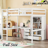 Bellemave® Full Size Loft Wood Bed with Desk, Storage shelves and Drawers, Built - in Ladder and Guardrails - Bellemave