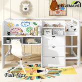 Bellemave® Full Size Low Loft Bed with Built - in Desk,Storage Cabinets and Open Bookcase,Whiteboard for Graffiti - Bellemave