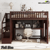 Bellemave® Full Size Low Loft Bed with Movable Desk & Storage Shelves, Kids Full Loft Bed Frame with Storage Stairs & Hanger, Espresso - Bellemave