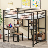 Bellemave® Full Size Metal Loft Bed with Desk and Stool,Open - Style Wardrobe, Shelves and Cabinet - Bellemave