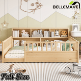 Bellemave® Full Size Montessori Floor Bed with Bookcase, Full Floor Bed with High Fence and Storage Shelves for Girls, Boys, White - Bellemave