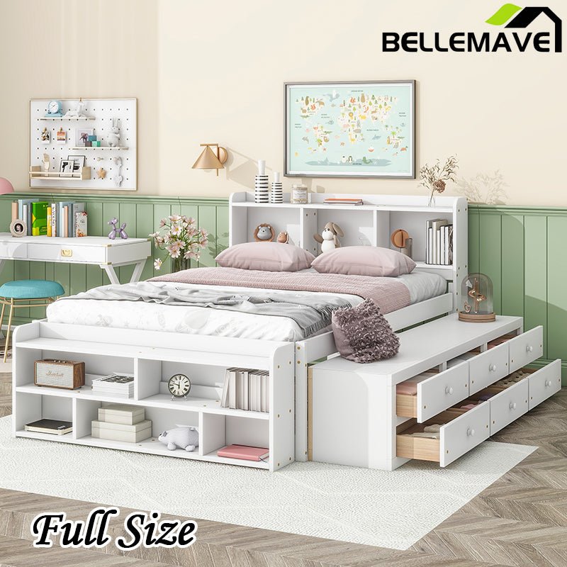 Bellemave Full Size Wooden Platform Bed Frame with Bookcase Headboard Under Bed Storage Drawers and Bed End Bench Espresso in Brown