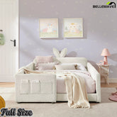 Bellemave® Full Size Upholstered Platform Bed with Rabbit Ear Headboard, Boucle Fabric with Safety Rail & Side Storage Pockets - Bellemave