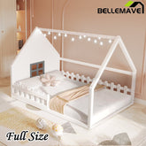 Bellemave® Full Size Wood Floor House Bed with Window and Fence - Bellemave