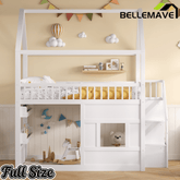Bellemave® Full Size Wood House Loft Bed with LED Shelf, Ladder, Guardrails & Storage - Bellemave