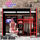 Bellemave® Full Size Wood Loft Bed with Desk, Open Wardrobe, Storage Compartments and RGB Lights - Bellemave