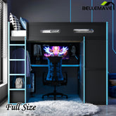 Bellemave® Full Size Wood Loft Bed with Desk,Bookshelf,Wardrobe,Ample Storage Space,and RGB LED Light - Bellemave