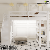 Bellemave® Full Size Wood Loft Bed with Stairs & LED Lights,Storage Shelves, Wardrobe & Guardrails for Kids, White - Bellemave
