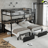 Bellemave® Full XL Over Twin Over Twin Triple Bunk Bed with Storage Drawers, Shelves, Heavy Duty Triple Bed with Charging Station, Safety Guardrails 3 People, Black - Bellemave