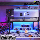 Bellemave® Gaming Loft Bed with Desk, USB Ports & LED Lights, Metal Loft Bed Frame with Mesh Guardrails, Space - Saving, Black - Bellemave