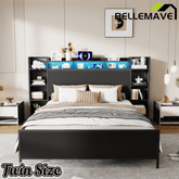 Bellemave® Heavy Duty Metal Platform Bed with Bookcase Headboard, Charging Station & LED Lights, Captain Bedframe with Storage, Black - Bellemave