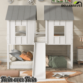 Bellemave® House Bed Bunkbeds with Windows, Twin Over Twin Size Bunkbeds with Ladder & Slide, Wood Low Bunkbeds with Roof & Guard Rail for Kids, White - Bellemave
