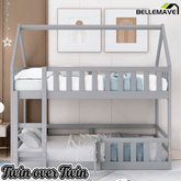 Bellemave House Bunk Bed for Kids, Twin Over Twin Floor Bunk Bed with Fence Railings and Door, Wooden Convertible Playhouse Loft Beds with Ladder for Boys Girls Teens, Gray - Bellemave