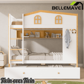 Bellemave® House Bunk Bed with Storage Shelves & Pull - Out Trundle, Solid Wood Space - Saving Loft Bed Frame with Safety Guardrails for Bedroom, White+Natural - Bellemave
