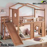Bellemave® House Loft Bed with Slide, Bookshelves & Built-in Wardrobe | Natural Wood Playhouse Bunk Bed for Kids - Bellemave
