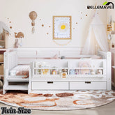 Bellemave® Kids Floor Bed with Storage Bookcases & Drawers, Solid Wood Montessori Floor Bed with Guardrails and Cute Stairs, No Box Spring Needed - Bellemave