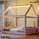 Bellemave® Kids Full Size Bed Frame with LED Light Strips, Upholstered House Bed for Kids, Wood Full Size Floor Bed with Slats, No Box Spring Needed, Pink - Bellemave