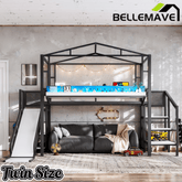 Bellemave® Kids Loft Bed with Slide, Storage Shelves & Hanging Rack, Metal Loft Beds Frame with USB Ports & LED Lights - Bellemave
