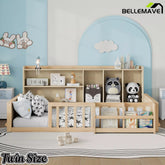 Bellemave® Kids Platform Bed with Guardrail Fence, Wooden Floor Bed Frame with Bookshelf & Side Storage Shelves - Bellemave