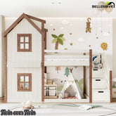 Bellemave® Kids Playhouse Bunk Bed with Storage Stairs, Solid Wood House Bunk Bed Frame with Roof & Windows - Bellemave