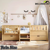 Bellemave® Kids Twin Size Montessori Bed Frame with Built-in Storage Shelves and Drawers, Floor Bed with Staircase and Full-Length High Rails,for Boys, Girls, Wood,Easy Assemble - Bellemave