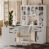 Bellemave® L - Shaped Computer Desk with 2 Cabinets and 2 Drawers, 11 Open Shelves and 1 Right Flip Shelf with Storage, with Power Outlet - Bellemave