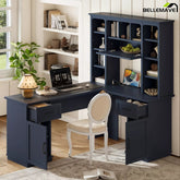 Blue L-shaped computer desk with tall storage hutch in a home office