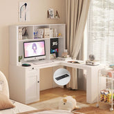 Bellemave® L - Shaped Computer Desk with Outlet, Drawers, Bookshelf, Hutch - Bellemave