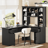 Bellemave® L - Shaped Computer Desk with Storage - 2 Cabinets & 2 Drawers & 12 Shelves, Black Corner Desk for Gaming, Home Office, Study and Living Room - Bellemave