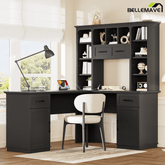Bellemave® L Shaped Executive Desk, Farmhouse L Desk with USB, Home Office Table with Storage Cabinet and Shelf, Farmhouse Corner Table with Drawers,Black - Bellemave