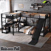 Bellemave® L-Shaped Triple Bunk Bed with Slide - Full over Queen & Twin XL Loft, Built-in Desk, Shelves | Space-Saving Metal Frame, Quiet Study Design, Black - Bellemave