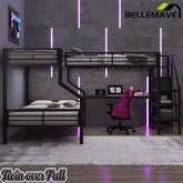 Bellemave® L-Shaped Triple Bunk Bed with Storage Stairs, Twin Over Twin Over Full Bunk Bed with Desk, USB Ports, Wardrobe, Heavy-Duty Metal Corner Bunk Beds for 3 Kids, Noise Free, Black - Bellemave