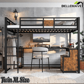 Bellemave® Loft Bed with Desk & Fabric Drawer, Metal Loft Bed Frame with guardrail & Ladder, Black - Bellemave