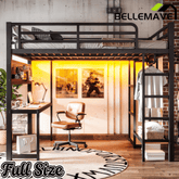 Bellemave® Loft Bed with Desk, Storage Shelf, Pegboard & Lights, Metal Loft Bed with Charging Station & Hanging Rod, Adults Loft Beds Nosie - Free, Black - Bellemave