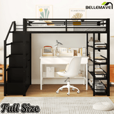Bellemave® Loft Bed with Storage Stairs & Guardrails, Metal Loft Bed with Wardrobe, Bookshelves & Staircase, Black - Bellemave