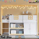 Bellemave® Low Loft Bed with Storage Shelves and Cabinets, Wood House Loft Bed with Ladder and LED Light, White and Natural - Bellemave