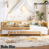 Bellemave® Low Profile Floor Bed with Bookshelves & Guardrails – Solid Wood Twin Montessori - Bellemave