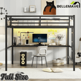 Bellemave® Metal Full Size Loft Bed with Desk and Charging Station,Heavy Duty Loft Bed Frame with LED Lights and USB, Black - Bellemave