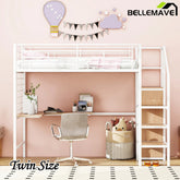 Bellemave® Metal Loft Bed with Desk and Metal Grid, Lateral Storage Ladder and Wardrobe - Bellemave